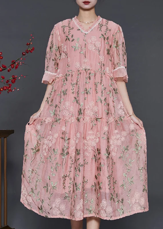 vintage-inspired dressFrench Pink Ruffled Embroidered Silk Maxi Dresses Summer