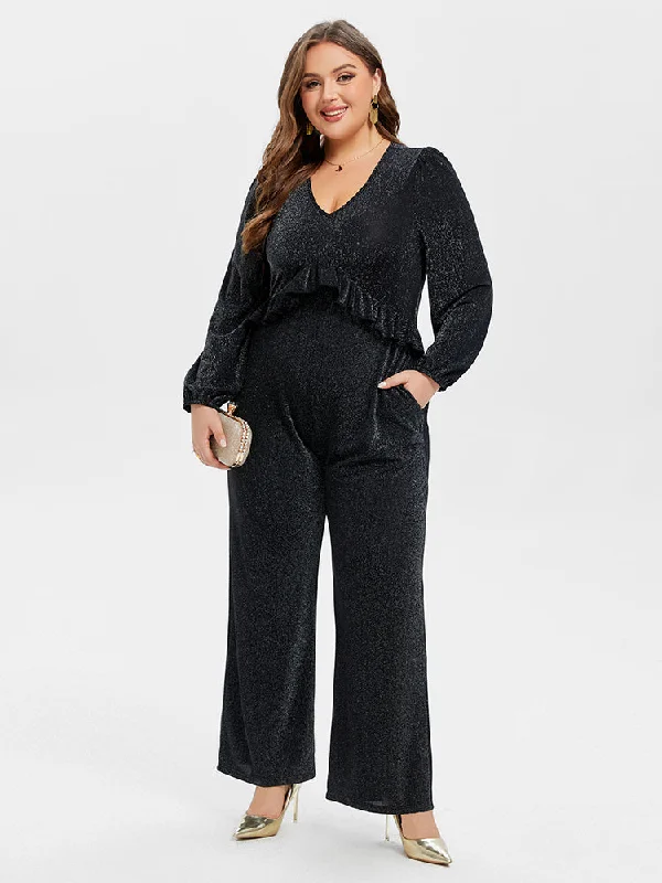 one-shoulder dressV-Neck Pocket Ruffle Glitter Jumpsuit