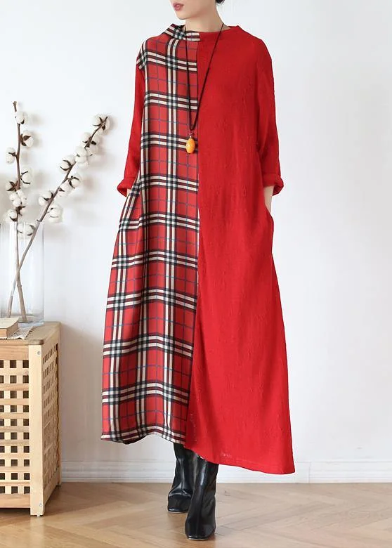 knit dressDIY red plaid clothes For Women high neck patchwork long fall Dresses