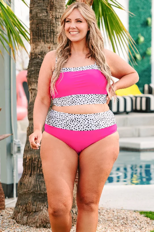 Act Fast Hidden Islands Swim Top, Neon Pink/Dalmatian