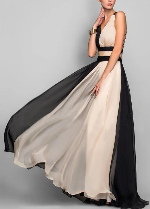 Savings Bonanza French Colorblock V Neck Patchwork Maxi Dresses Sleeveless