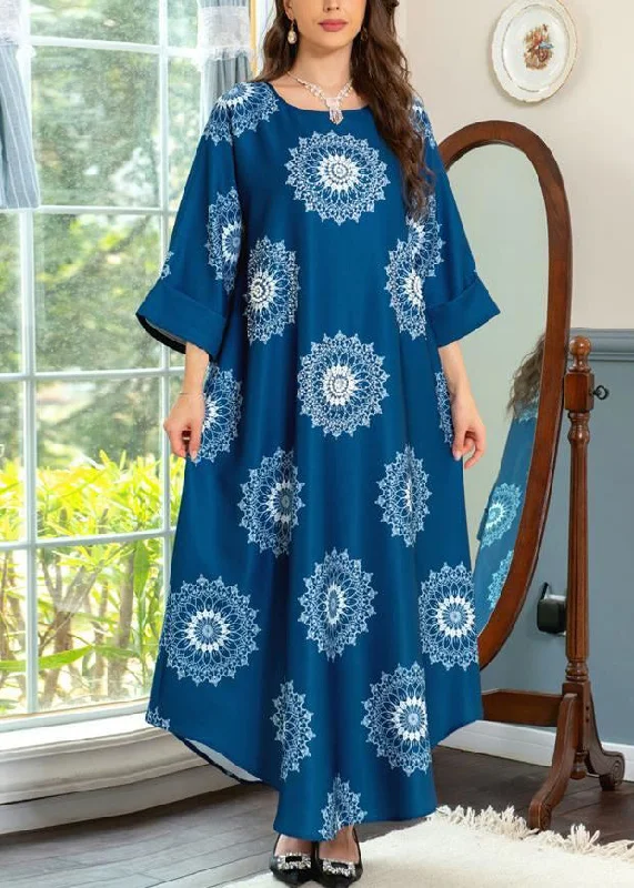 evening dressBoho Blue O Neck Print Cotton Maxi Dresses Summer