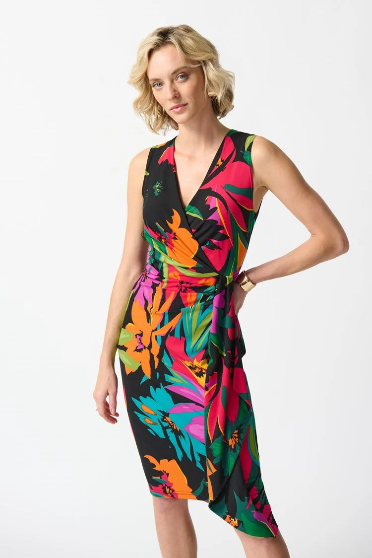 vintage dressJoseph Ribkoff Multi Colored Silky Knit Tropical Print Wrap Dress