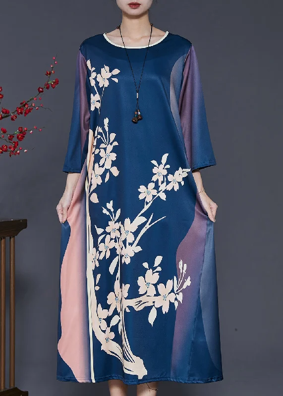 Discount Extravaganza Style Navy Oversized Print Silk Dress Bracelet Sleeve