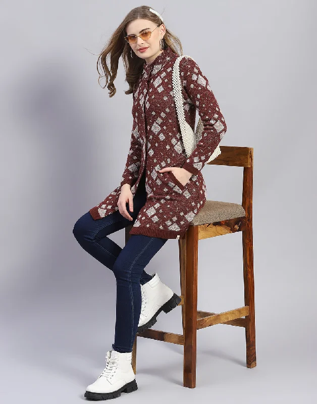 Low Prices Women Maroon Jaquard Round Neck Full Sleeve Coat