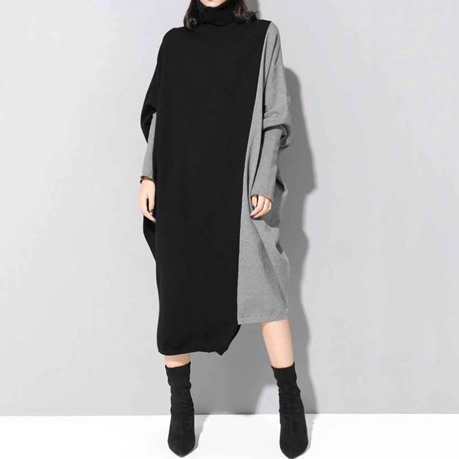 Savings Event JuliaFashion - Korean Style Spliced Knitted Midi Autumn Fashion Turtleneck Long Sleeve Oversized All-Match Elegant Female Dress