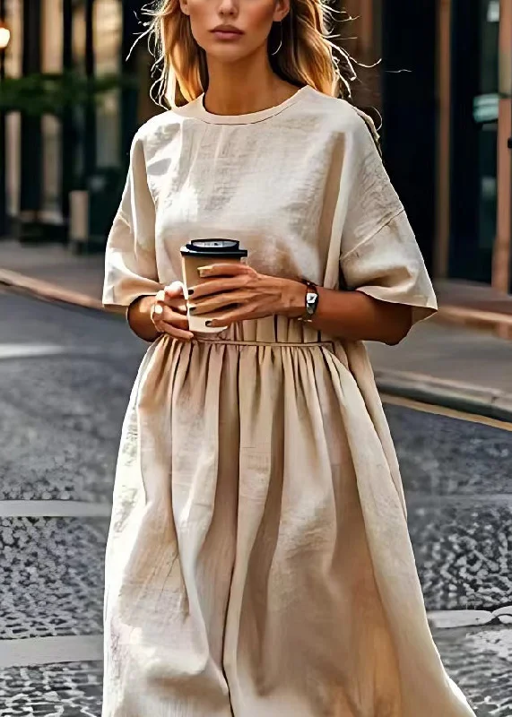 form-fitting dressPlus Size Beige O Neck Wrinkled Patchwork Linen Dress Summer