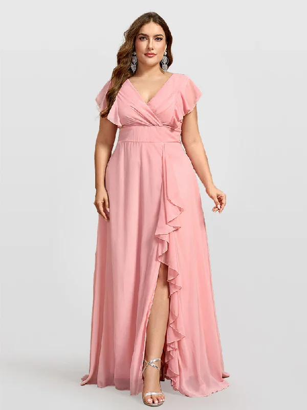 classic fit-and-flare dressFlutter Sleeve V-Neck Ruffle Hem Bridesmaid Dresses