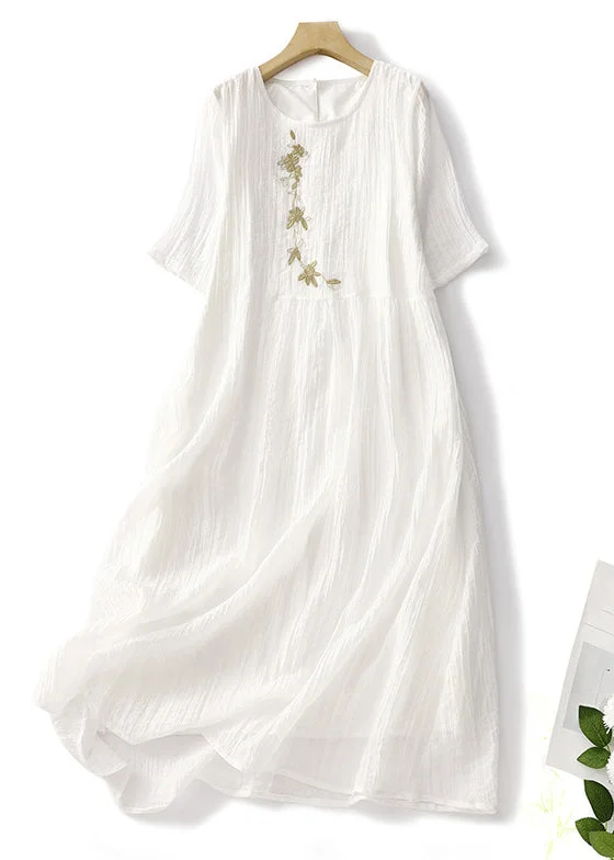Crazy Savings Elegant White Embroidered Solid Linen Long Dresses Summer