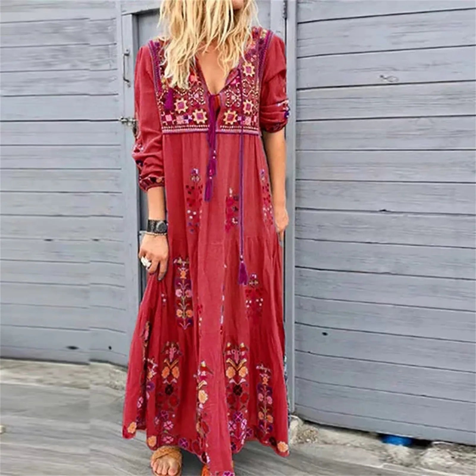 midi dressJuliaFashion - Bohemian Drawstring Beach SunV-Neck Long Sleeve Casual Loose Elegant Retro Party Vestidos Dress