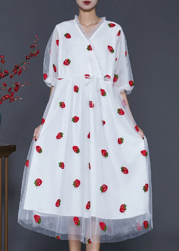 elegant dressFrench White Strawberry Print Tulle Vacation Dresses Summer