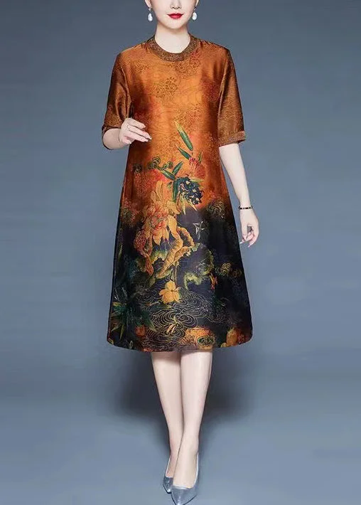 casual midi dressOrange Button Print Silk Dresses O-Neck Short Sleeve