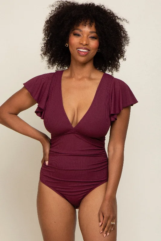 Price Reduction Plum Deep V-Neck Flounce One Piece Swimsuit