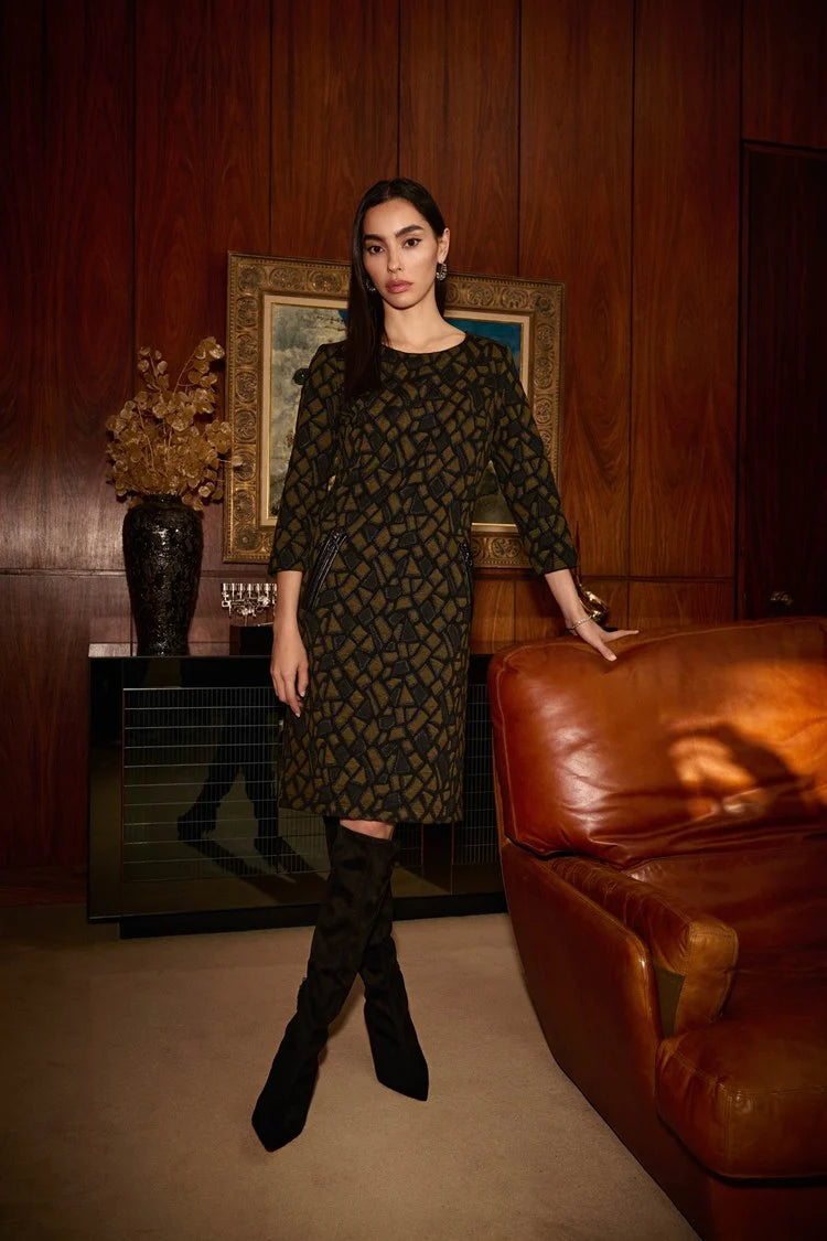 fitted cocktail dressJoseph Ribkoff Olive/Black Jacquard Knit Straight Dress