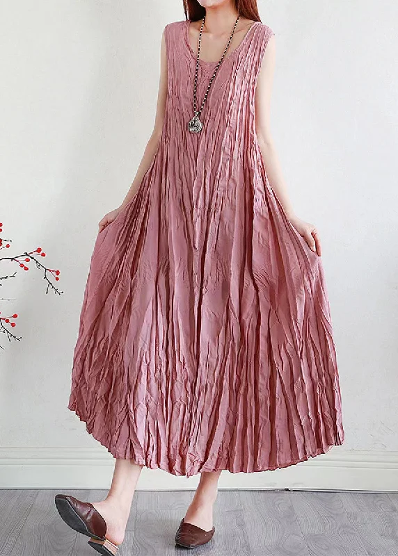 satin midi dressPink Solid Silk Linen Long Dress O Neck Summer