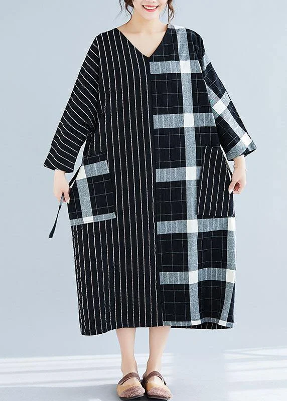 casual evening dressElegant black Plaid striped v neck patchwork Large pockets cotton spring Dress