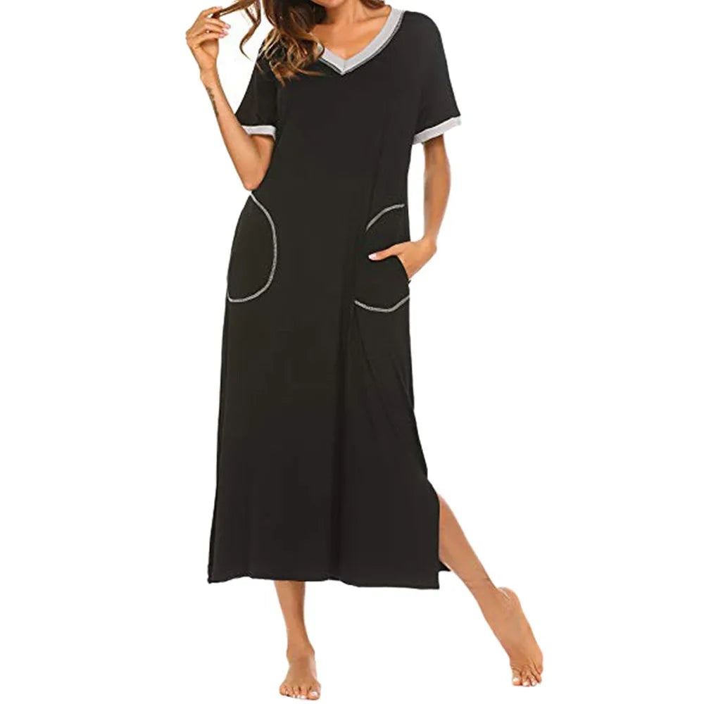 sleek dressJuliaFashion - Women's Ultra-Soft Nightshirt Short Sleeve Sleepwear Nightgown Full Length V Neck Casual Long Women's Summer Dress