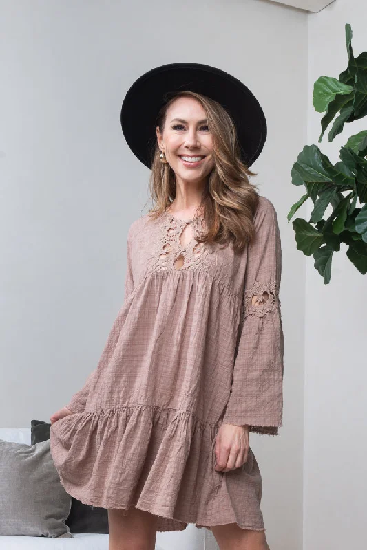 draped dressLong Sleeve Tiered Peasant Mini Dress with Embroidered Lace Trim in Mocha (16043)