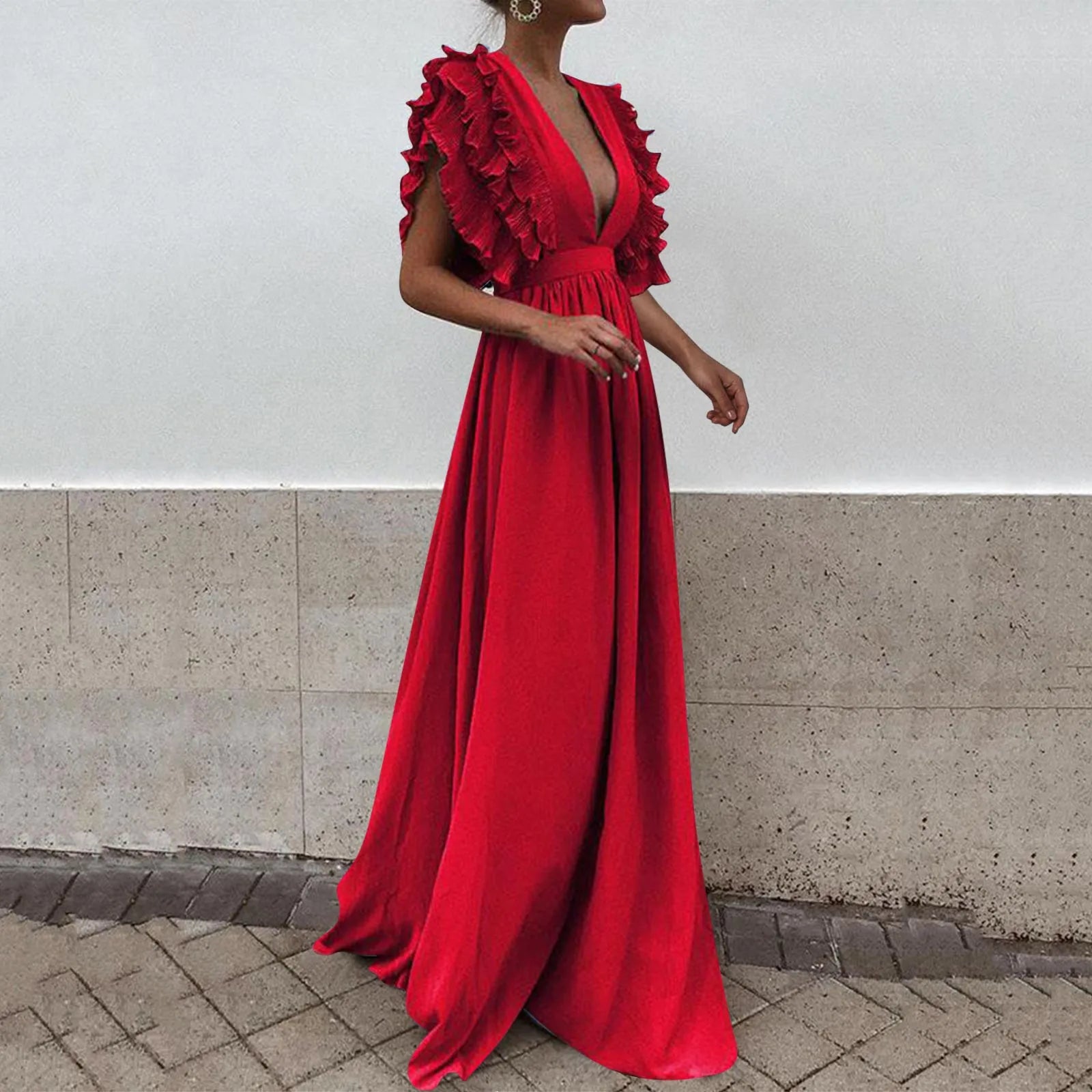 Special Savings JuliaFashion - Formal Party Women Sexy Deep V-Neck Long Solid Color Elegant Flying Sleeves Backless Maxi Evening Robe Dress