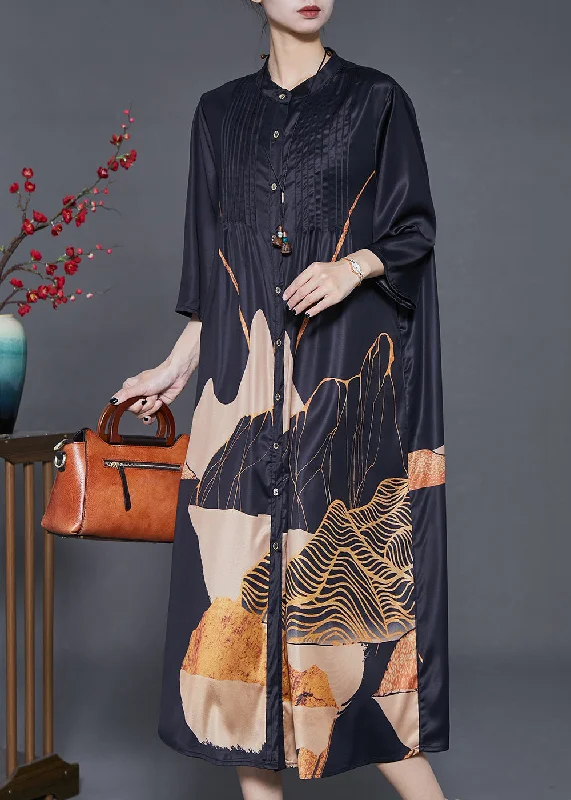 wool dressElegant Black Print Wrinkled Silk Shirt Dress Summer