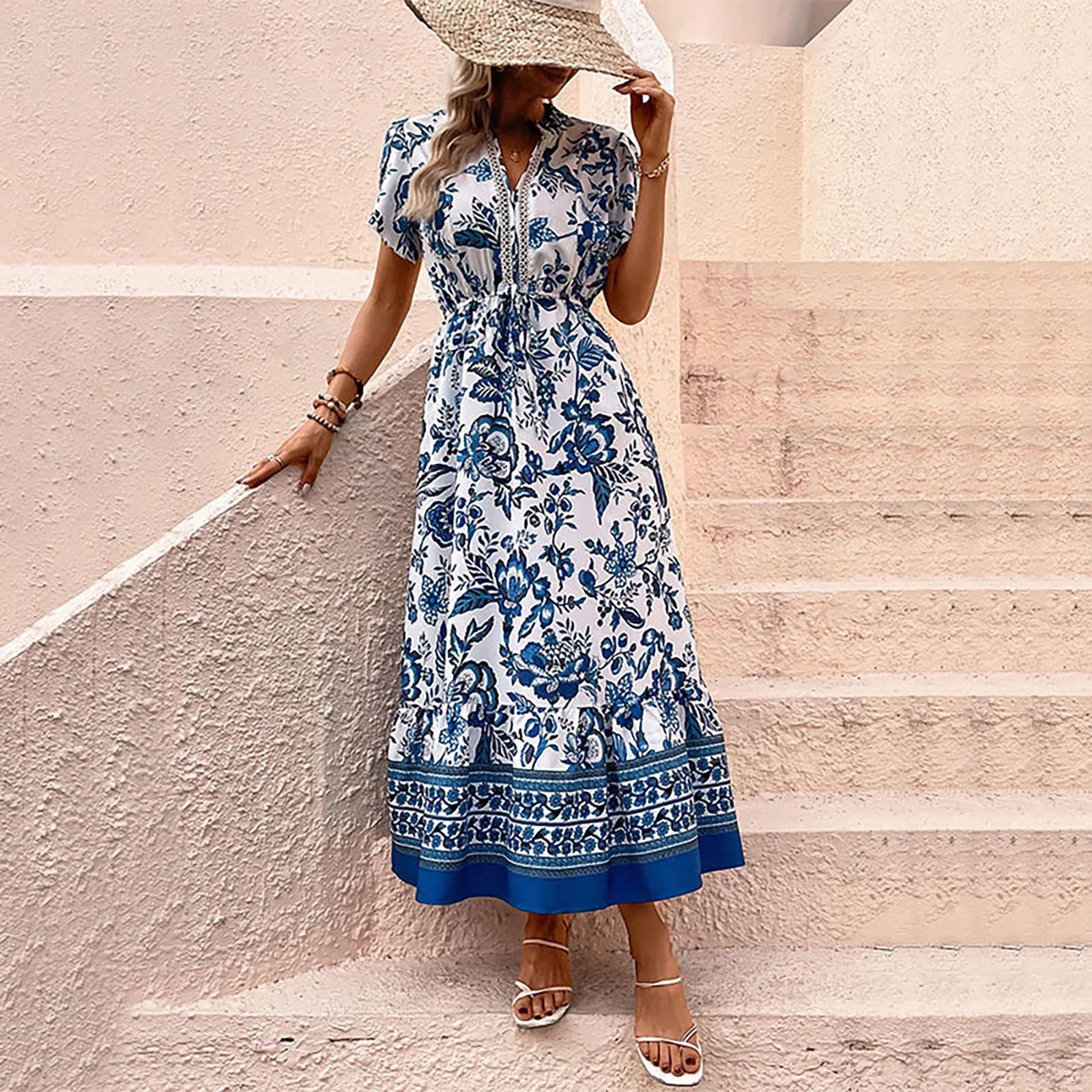 Special Price JuliaFashion - 2024 Women Summer Floral Prints V Neck A Line Elegant Long Boho Casual Sun Dress