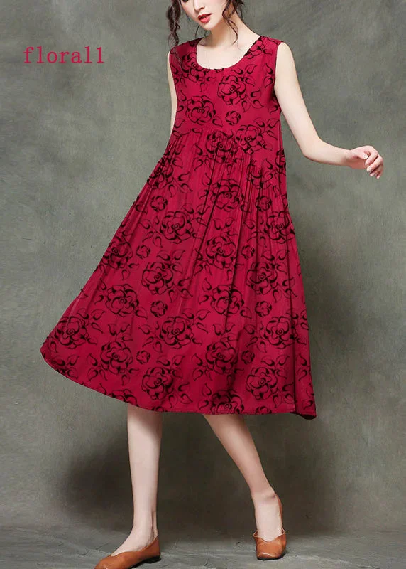 casual evening dressCasual Wine Red-floral1 O-Neck Wrinkled Long Dresses Sleeveless