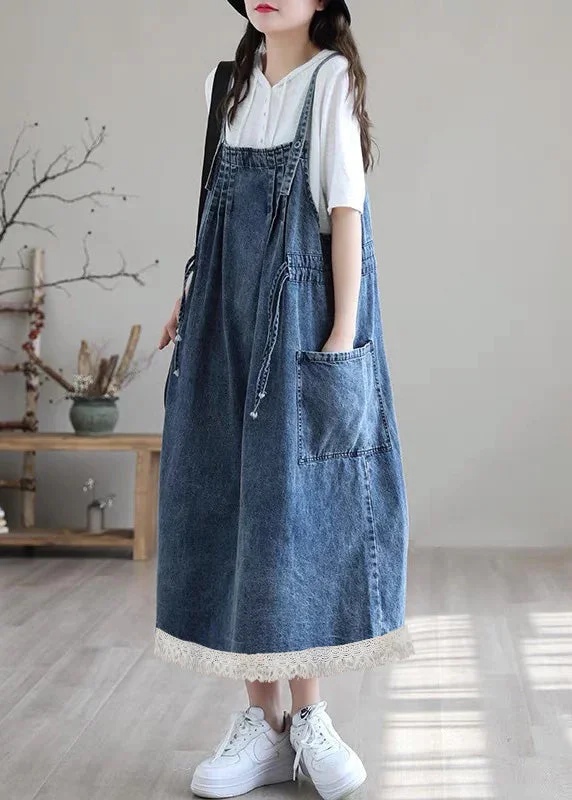 silk dressPlus Size Blue-lace drawstring pocket Spaghetti Strap Cotton denim Dress Spring