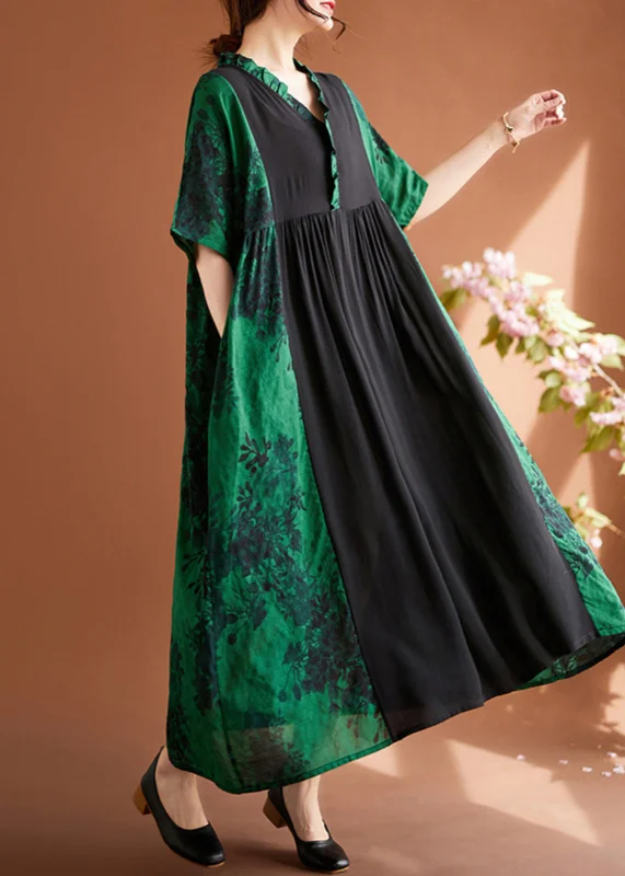 chic wrap dressElegant Green V Neck Print Patchwork Maxi Dresses Summer