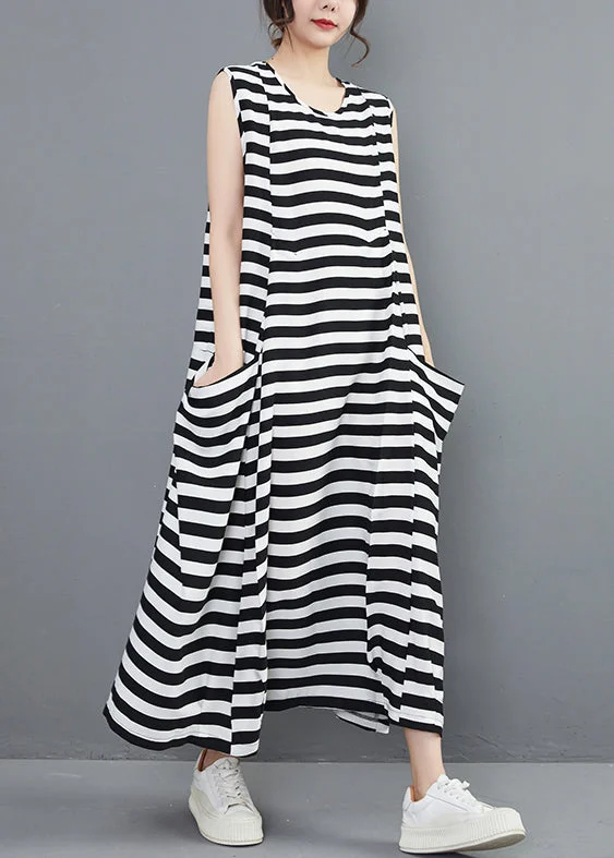 fitted bodycon dressNew Striped O Neck Pockets Side Open Cotton Long Dresses Sleeveless