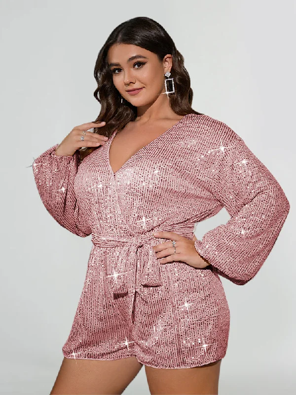 off-shoulder dressLantern Sleeve Wrap Belted Sequin Romper