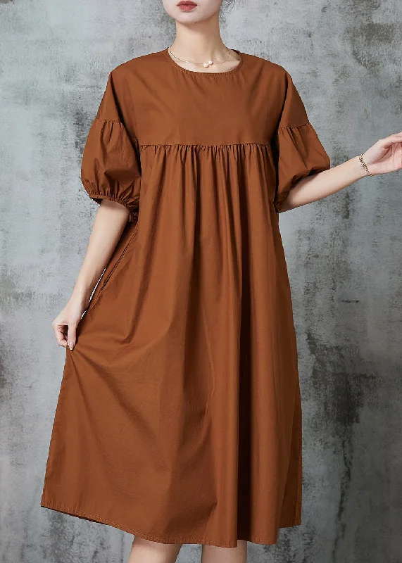 Hot Deal Modern Caramel Puff Sleeve Patchwork Cotton Dresses Summer