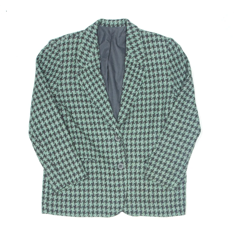 sporty outerwearPadded Shoulders Blazer Jacket Green Houndstooth Womens M