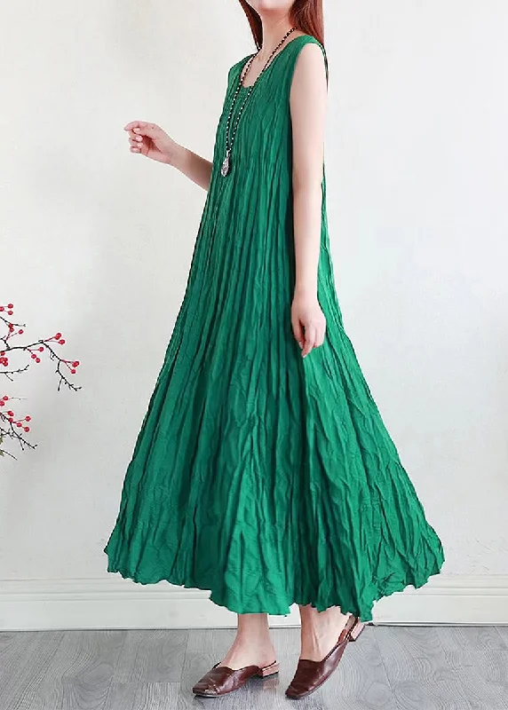 sleek midi dressClassy Green O Neck Wrinkled Silk Linen Dresses Sleeveless