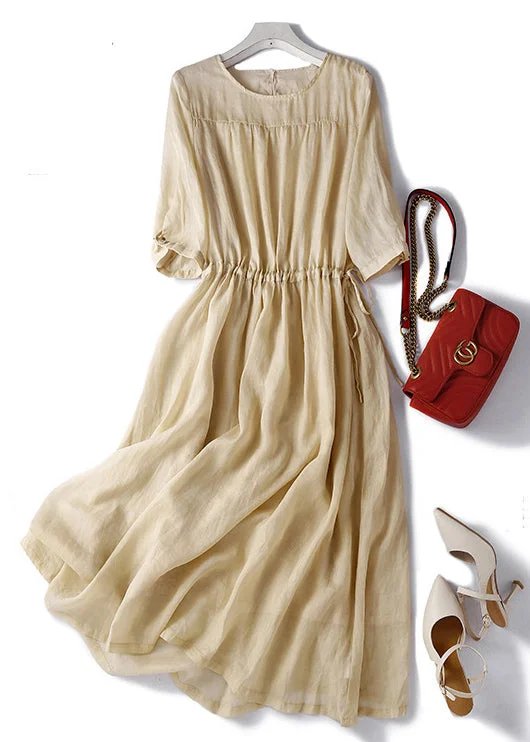 Final Markdown Women Light Khaki O Neck Lace Up Cotton Dress Summer