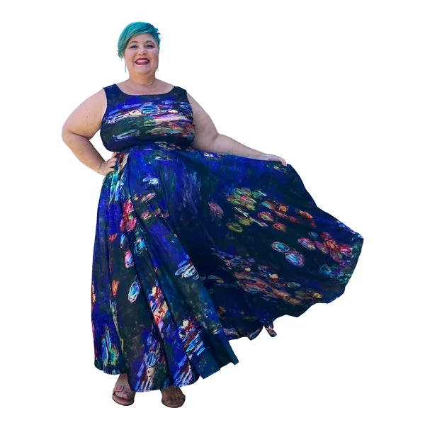 mini dressArt Series: Plus Size Sleeveless Monet Lilies Maxi Dress with Fitted Bodice and Voluminous Circle Skirt