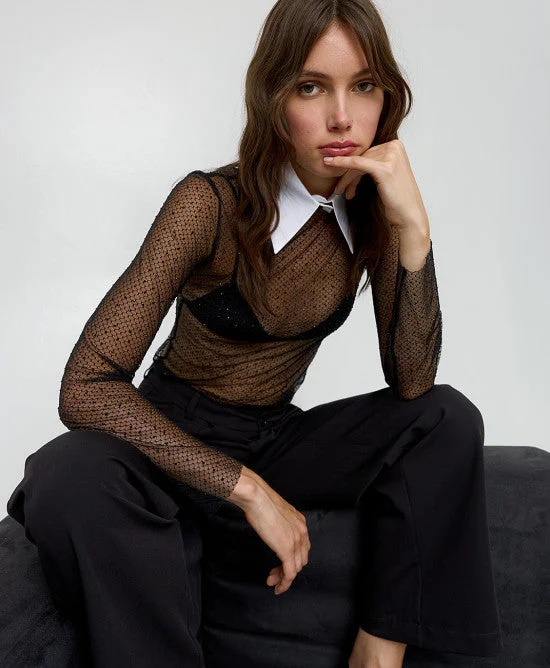 Customer Appreciation Sale Access Fashion Mesh Dotted Black Top With White Neck Tie