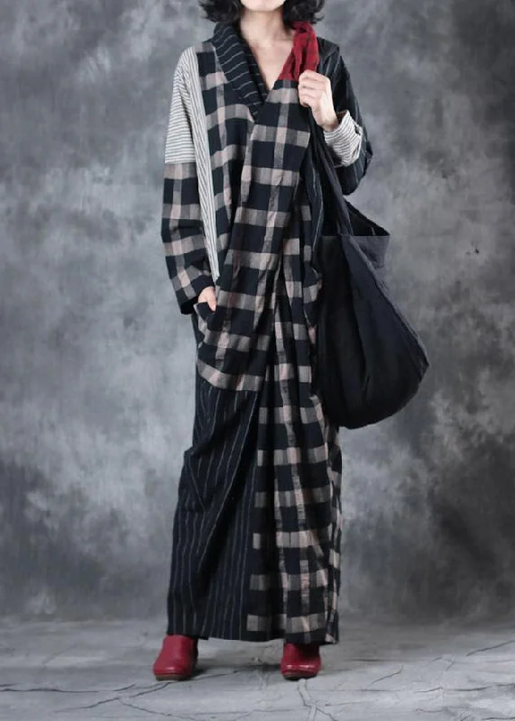 elegant shift dressBeautiful plaid patchwork striped linen clothes asymmetric Dresses v neck Dresses