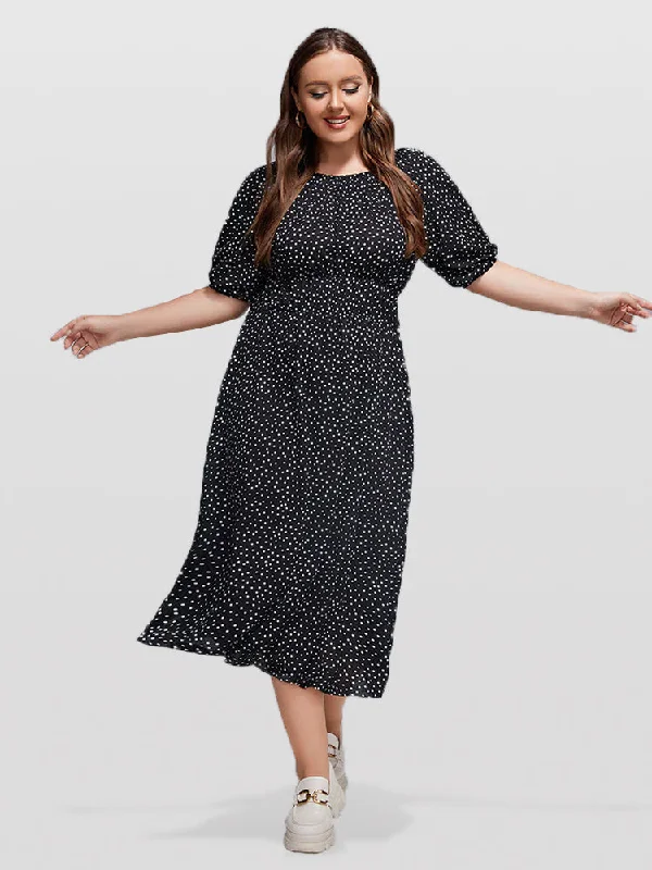 mini dressPlus Polka Dot Round Neck Puff Sleeve Midi Dress