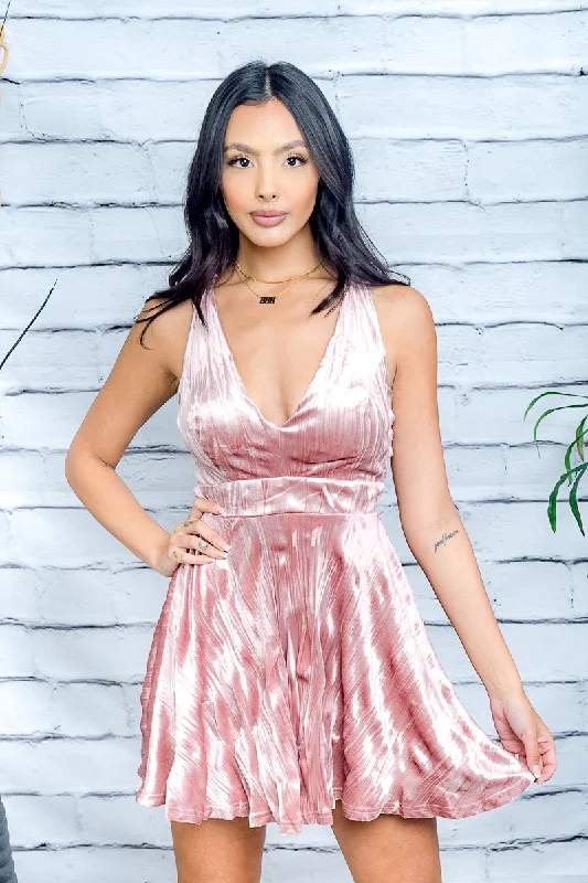 Online Only High Sheen Velveteen Halter Mini Skater Dress with Plunge V Neckline in Mauve (CD21867) Online Only High Sheen Velveteen Halter Mini Skater Dress with Plunge V Neckline in Mauve (CD21867)