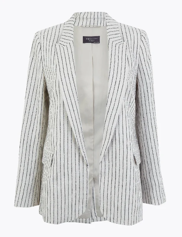 Online Only Pure Linen Striped Single Breasted Blazer