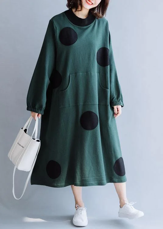 vintage dressFrench blackish green cotton dresses patchwork pockets loose fall Dresses