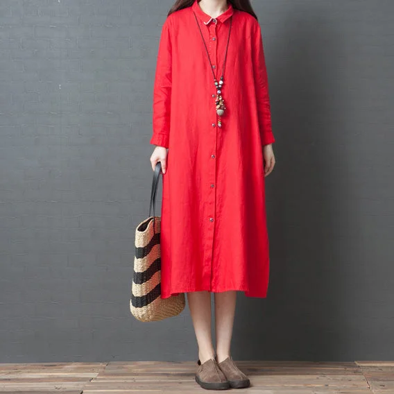 long sleeve dress2024 spring new red linen shirt dress casual plus size long sleeve maxi dress