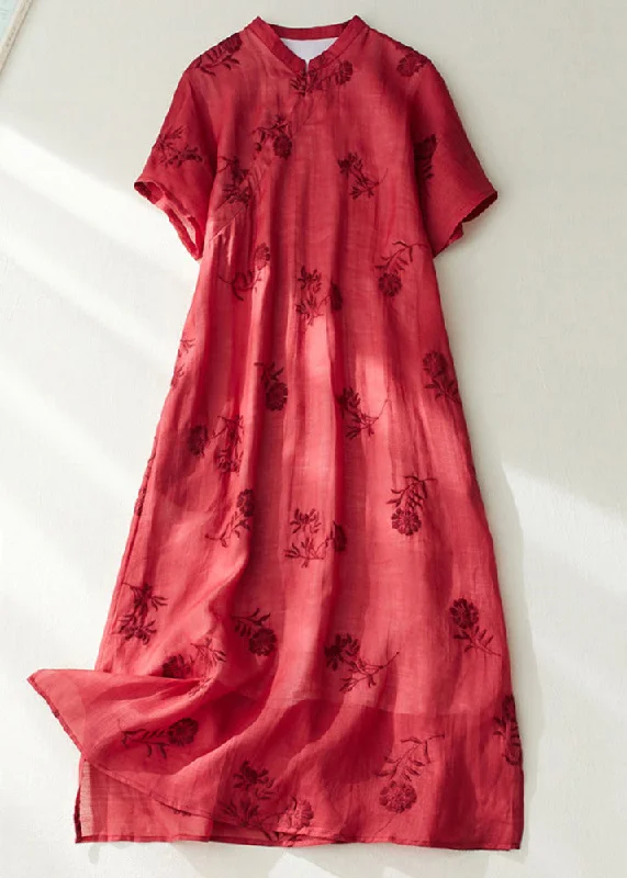 off-the-shoulder dressVintage Red Stand Collar Side Open Layered Maxi Dress Short Sleeve