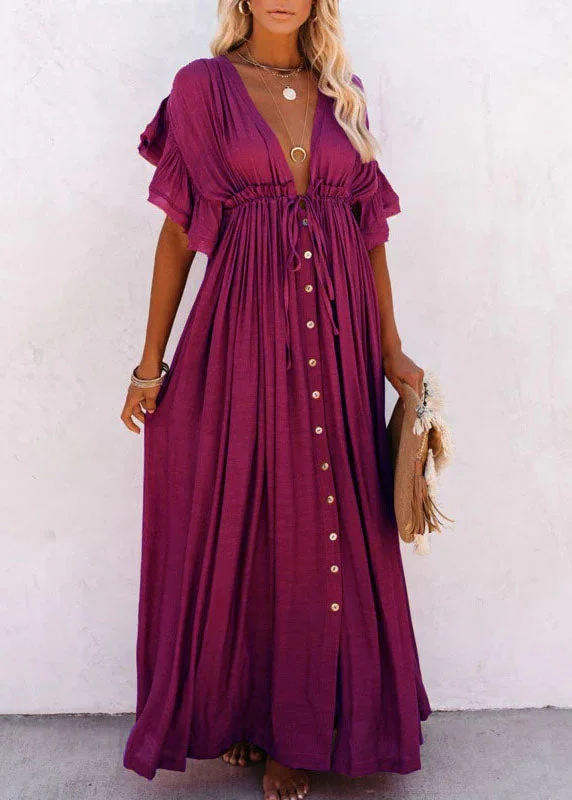 structured dressPurple V Neck Button Maxi Dresses Short Sleeve