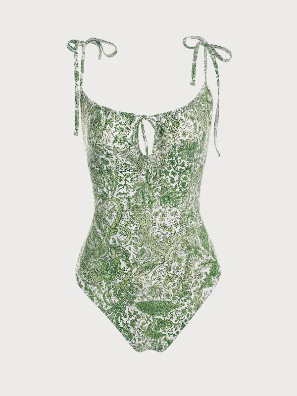 Clearance Items Retro Floral Drawstring Ruched One-Piece Swimsuit