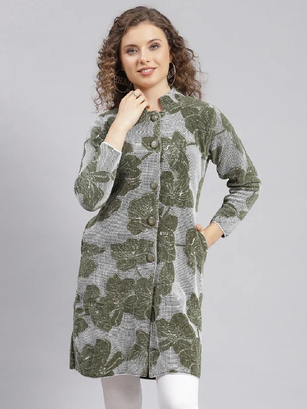 Price Rollback Women Olive Jaquard Wool blend Knitted Coat
