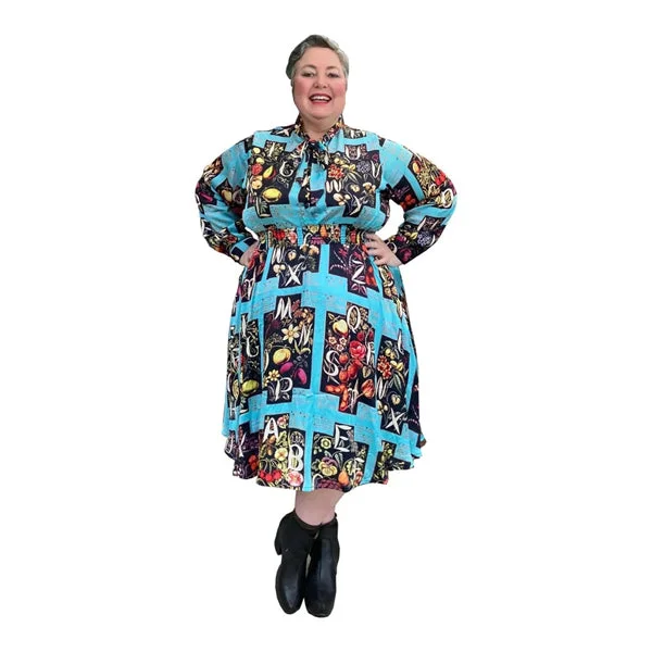 romantic dressVintage Alphabet Print Dress with pussy bow tie & pockets available in plus sizes 14-36 made to order