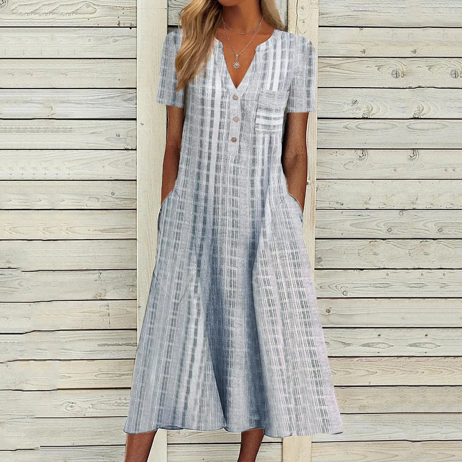 off-the-shoulder dressJuliaFashion - Women Fashion Gradient Print Button V Neck Short Sleeve Splice Loose Casual Holiday 2024 Summer Women's Dress