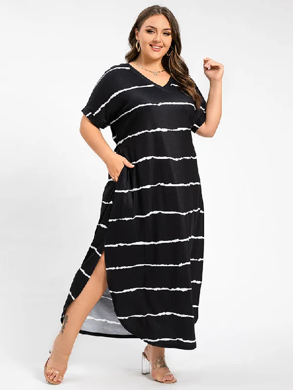 wool dressPlus Striped V-Neck Cuffed Sleeve Slit Pocket Maxi Dress