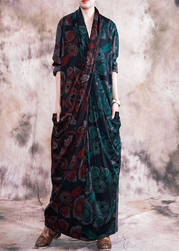 casual evening dressFrench red patchwork green print cotton tunic v neck Cinched long fall Dresses